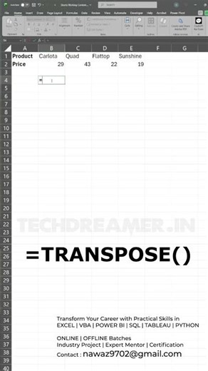 Transpose in Excel: Rows ↔ Columns in Seconds! | Flip Your Data Fast with TRANSPOSE! #shorts