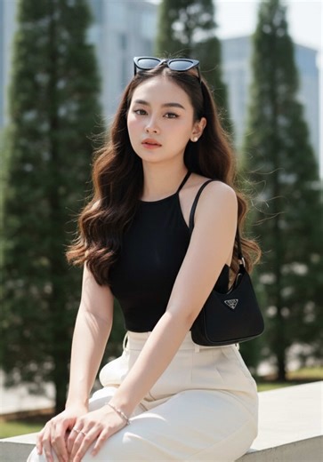 🖤🩶 #prompt #geminiai this photo to An Asian woman with a supermodel body with long, flowing brown hair, some strands of which flutter in the wind, wearing cat-eye sunglasses, a black halterneck top, and beige or ivory trousers. She sits on a light-colored concrete bench outdoors, with a small black Prada logo handbag slung over her shoulder, she poses with her left leg folded over her right leg, then her hand crossed over her leg, the other hand holding the concrete bench where she is sitting,