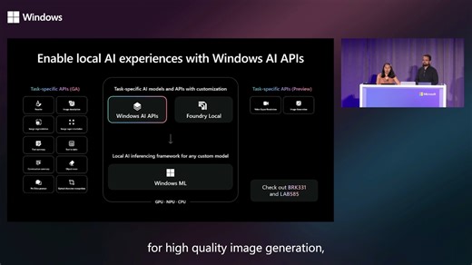 New Windows AI APIs! ✨ During #MSIgnite we announced new Windows AI APIs that developers can use to bring powerful on-device experiences to their apps — including video super resolution (VSR) for upscaling low-resolution content and Stable Diffusion XL (SDXL) for high-quality image generation, both now in public preview. The app content search API has also entered public preview to enable fast, intelligent in-app search experiences. Microsoft Foundry on Windows gives developers multiple options