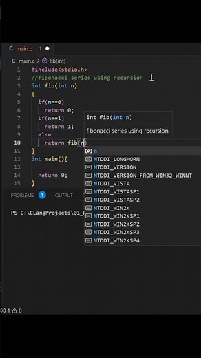 Fibonacci series in C using recursion