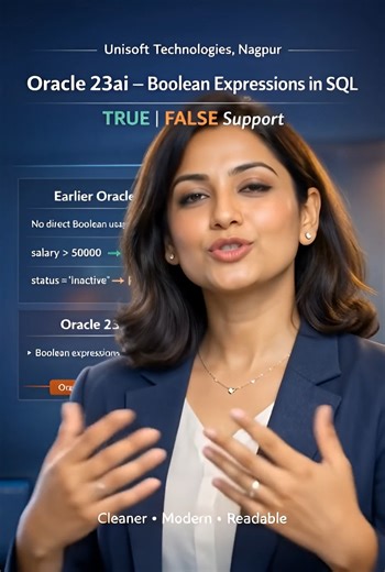 Unisoft Technologies - Software Training Institute on Instagram: "Oracle SQL finally feels modern 👀💡 For years, Oracle SQL did not support real Boolean values like TRUE or FALSE. From Oracle Database 23ai, that changes. ✨ What’s improved? • Boolean expressions supported in SQL logic • Cleaner conditional filtering • Better alignment between SQL and PL/SQL • More readable, modern query design This brings Oracle SQL closer to how modern programming languages work — especially for developers and 